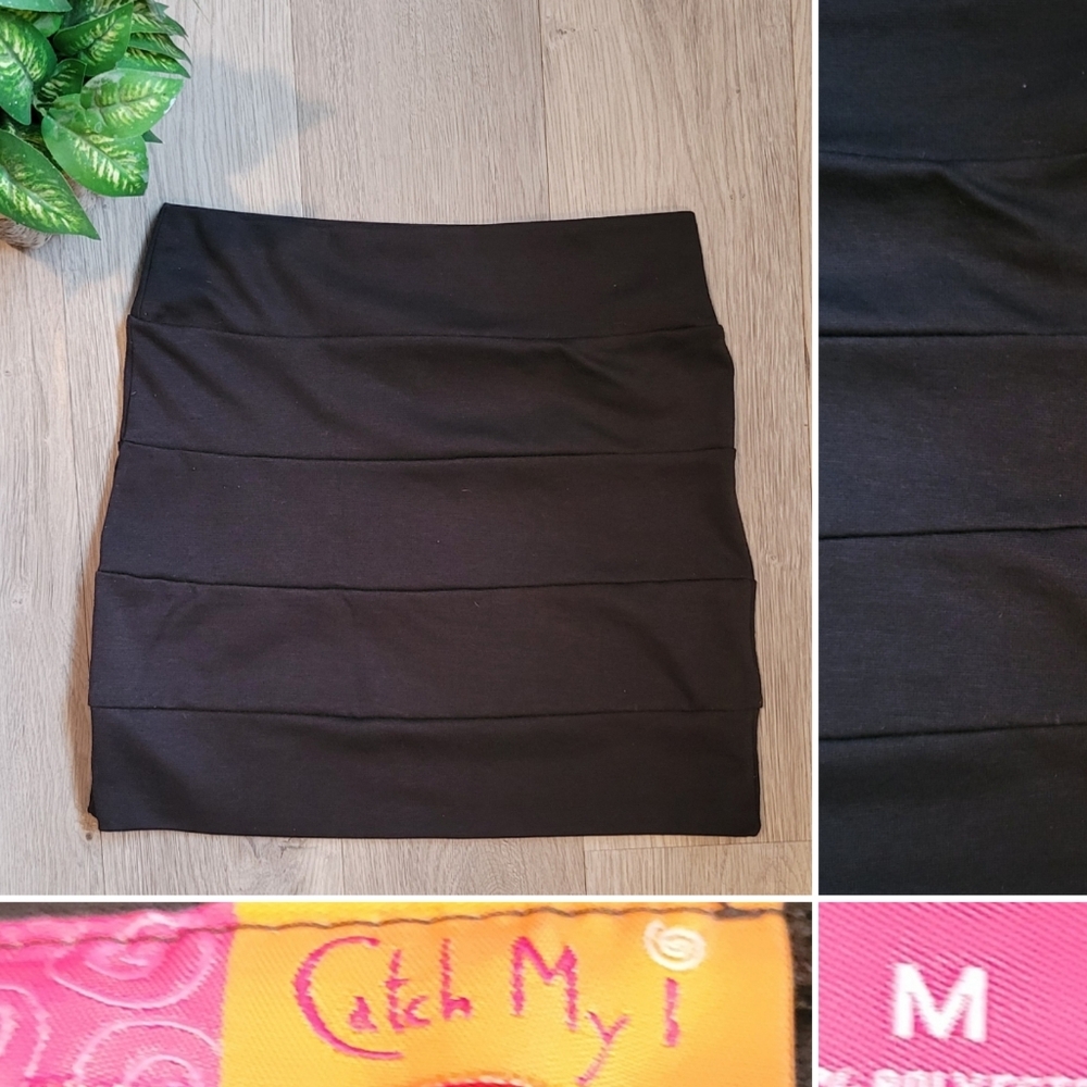 Catch My I Bandage Bodycon Tiered Fitted Black Mini Skirt, Women's Medium (M)